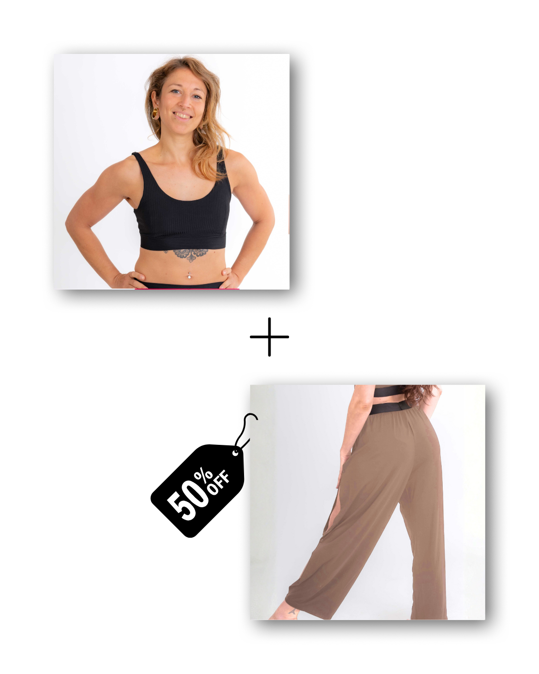 Basic top in ribbed black / pre-workout &amp; flow pants in cloudy taupe bundle 