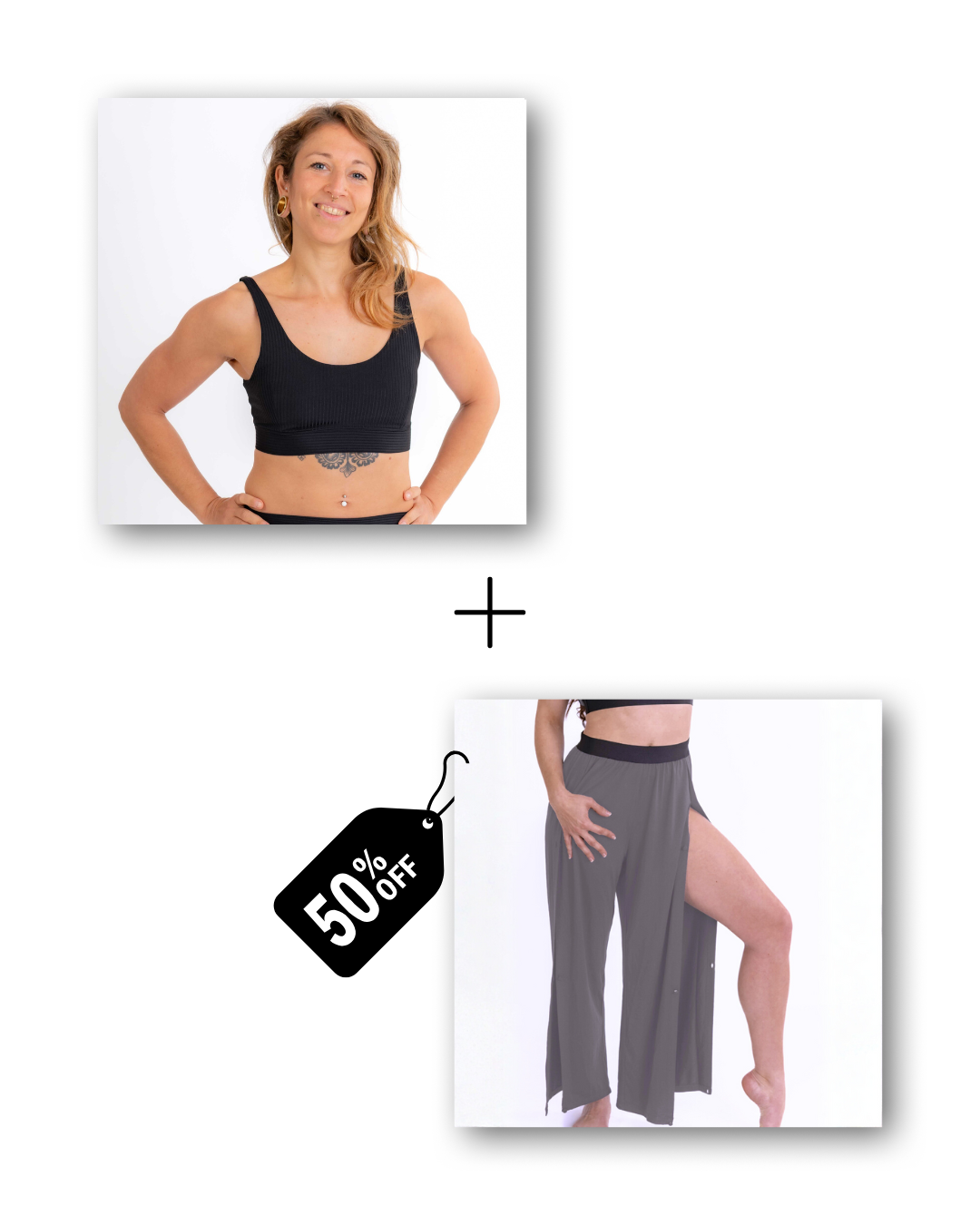 Basic top in ribbed black / pre-workout &amp; flow pants in mouse gray bundle 