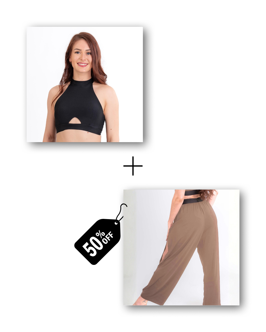 A-Line Top in ribbed black / Pre-Workout & Flow Pants in cloudy taupe Bundle